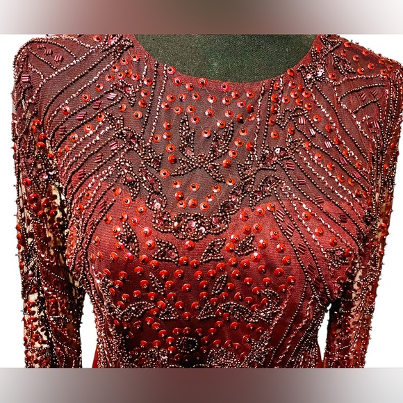 ADRIANNA PAPELL Burgundy Long Sleeve Sequin Maxi Sheath Evening Dress (NWT) - Picture 8 of 10